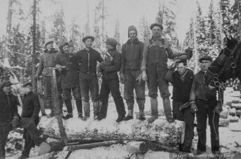 The logging crew for the Peters brothers sawmill in Blumenort, early 1950s.