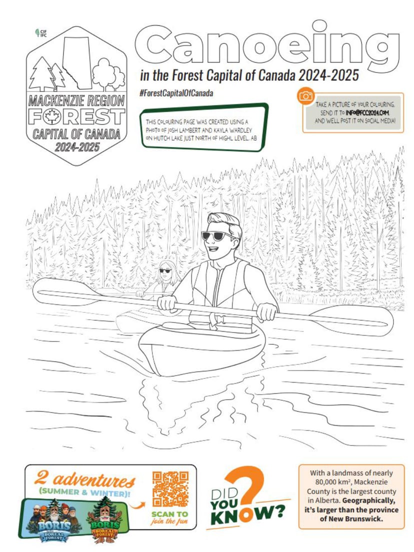 Canoeing adventure colouring page