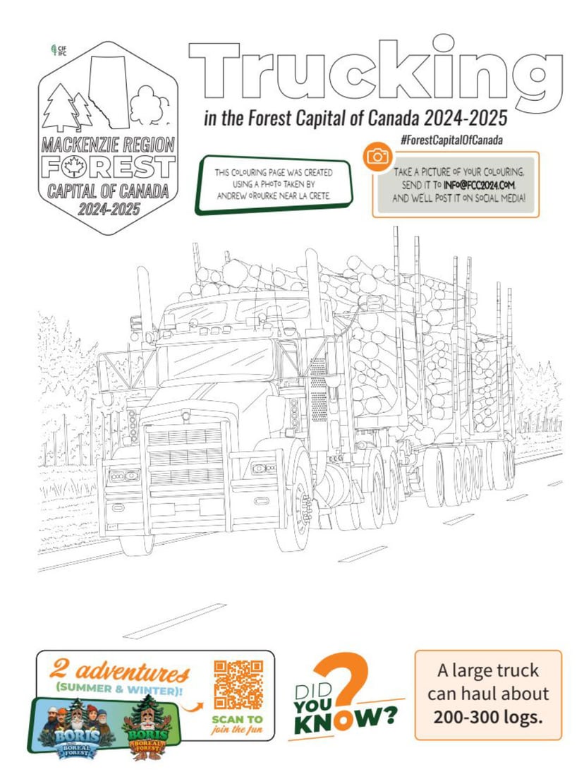 Trucking in the forest colouring page