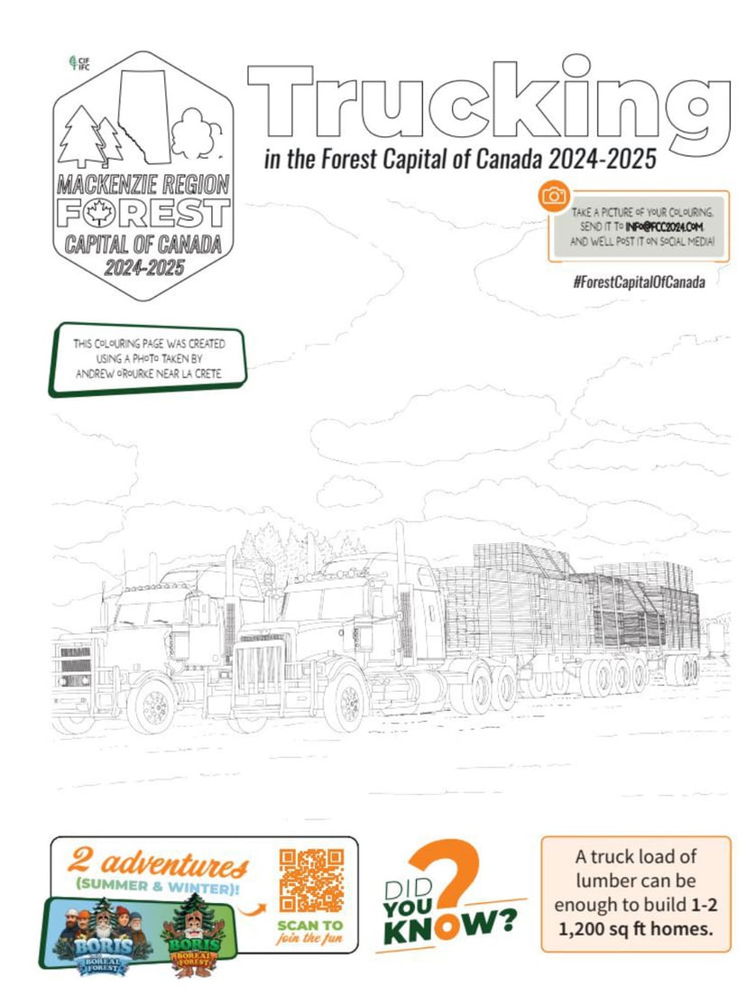 Trucking in the forest colouring page