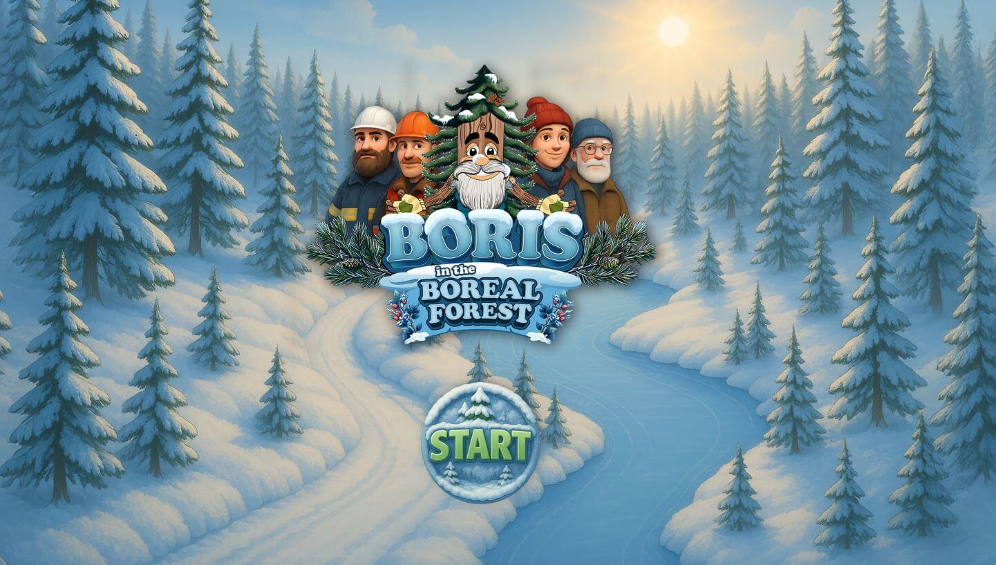 Boris Winter Edition - Interactive winter forest adventure showing Boris and forest characters in a snowy boreal forest setting